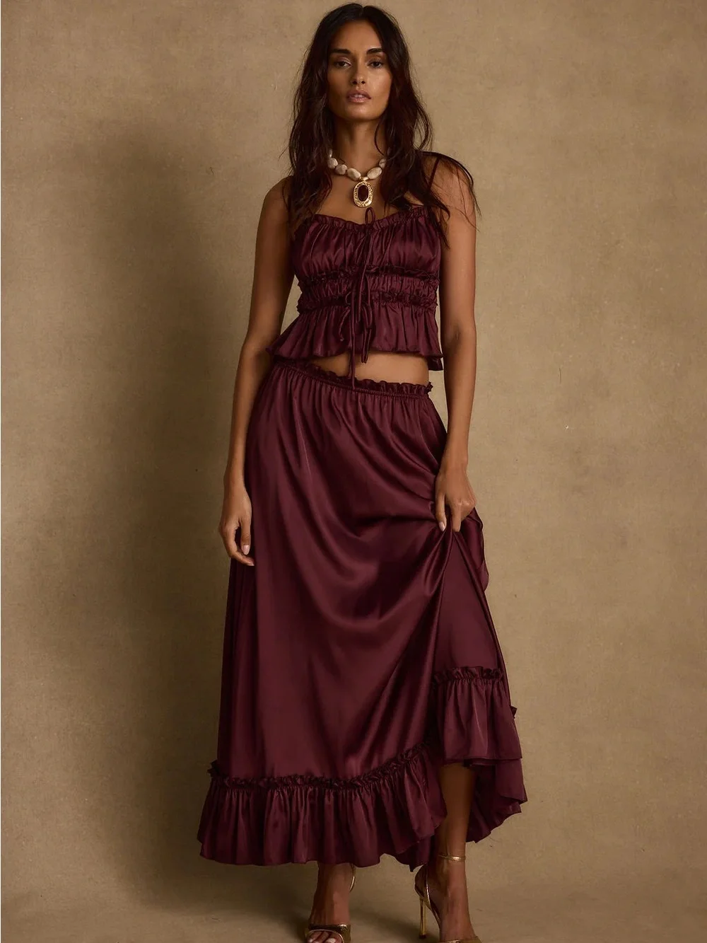 Dahlia Mulberry Satin Maxi Skirt and Top